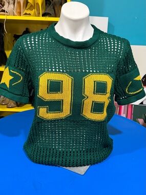 Green Knit Mesh Top with Yellow 98 Graphic M NWOT